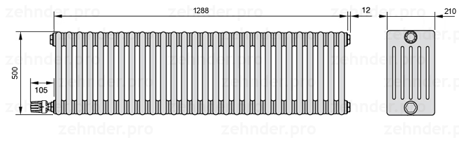 Схема (чертеж) Радиатор Zehnder Charleston 6050/28 №V003 Белый глянцевый RAL 9016